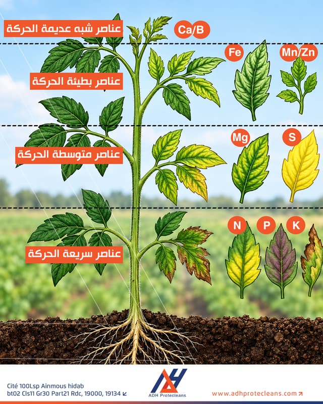حركة العناصر الغذائية داخل النبات وأماكن ظهور أعراض نقصها
